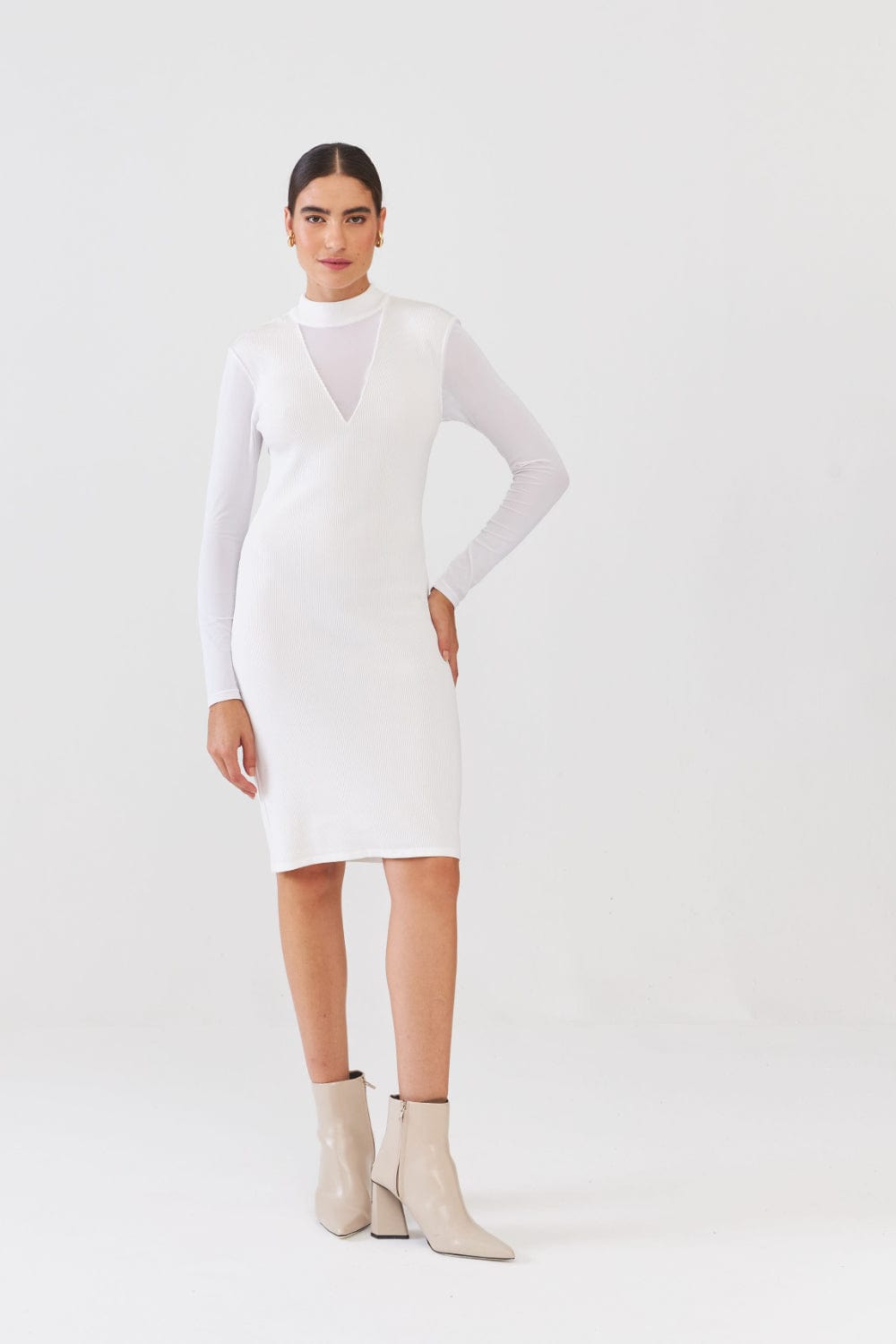 Viviane Furrier - Vestido Curto em Tricot com Transparência Off White