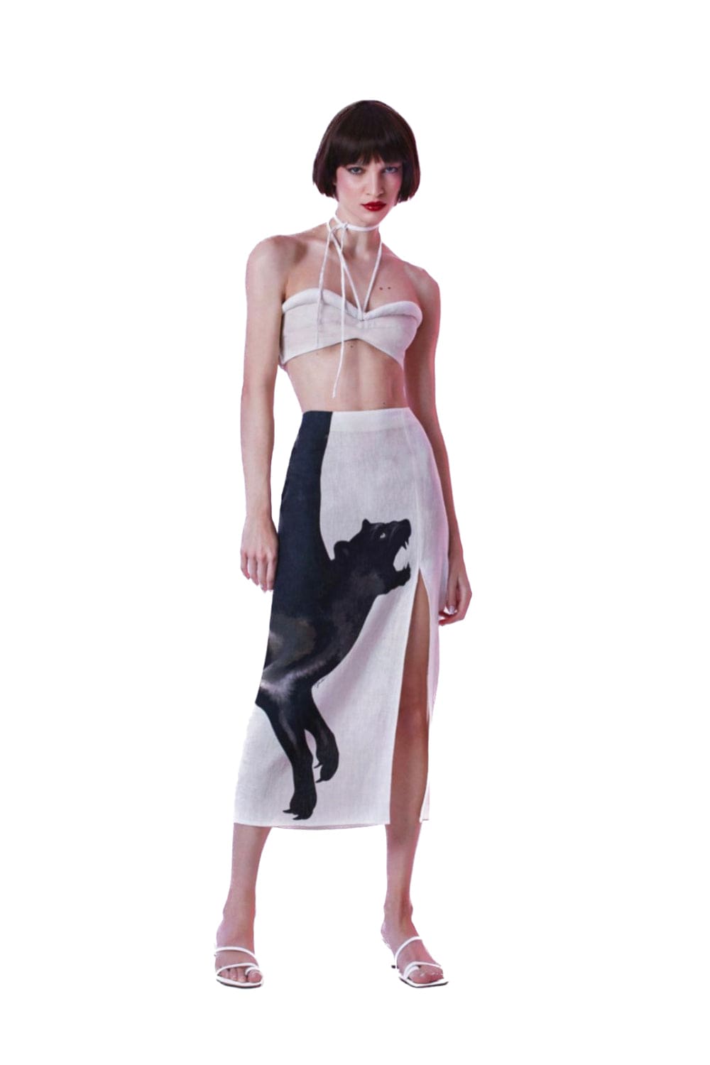 Yukio - Saia Midi Linho Pantera Clássica Off White