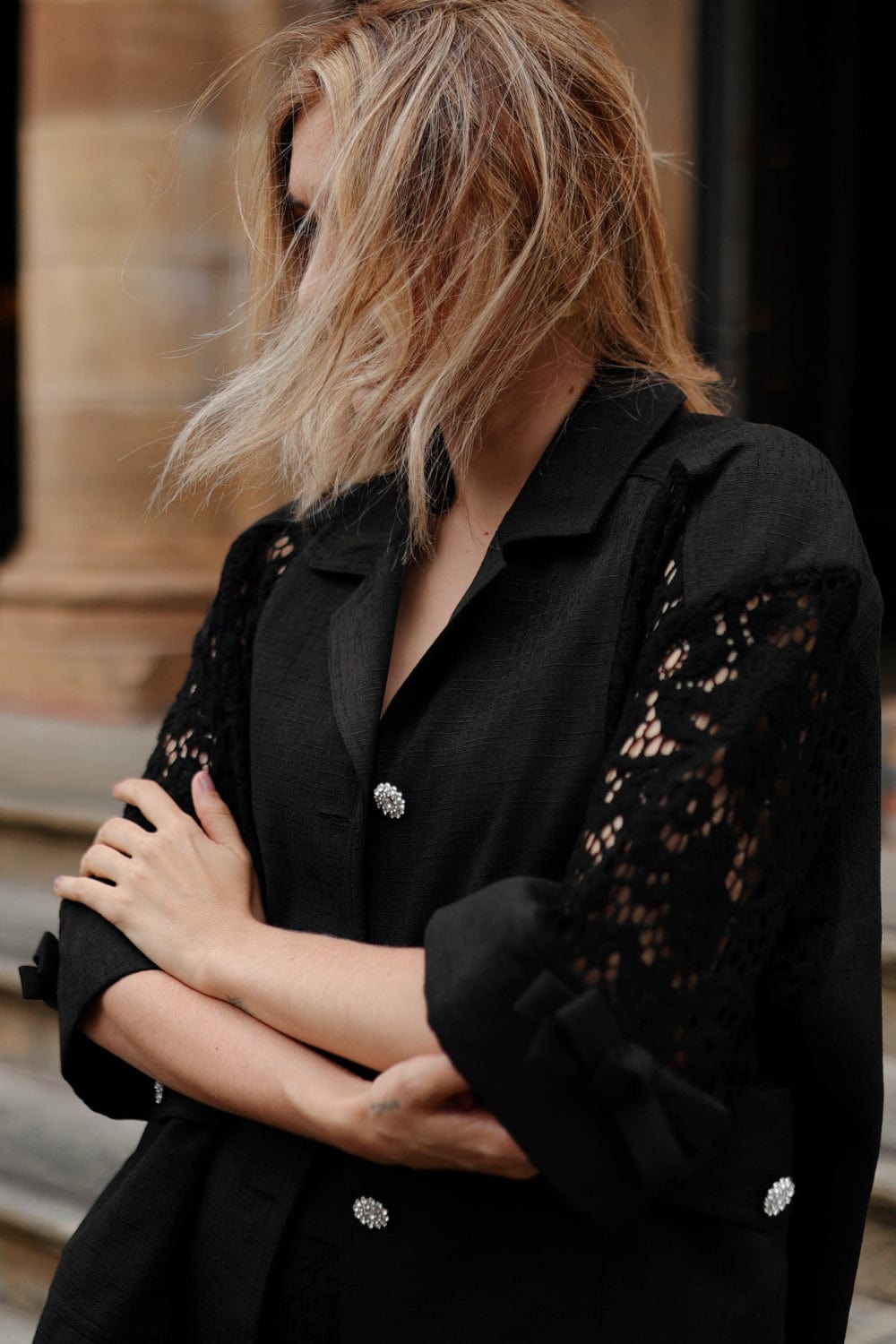 Edward Achour Paris - Blazer Renda Preto Botões Swarovski