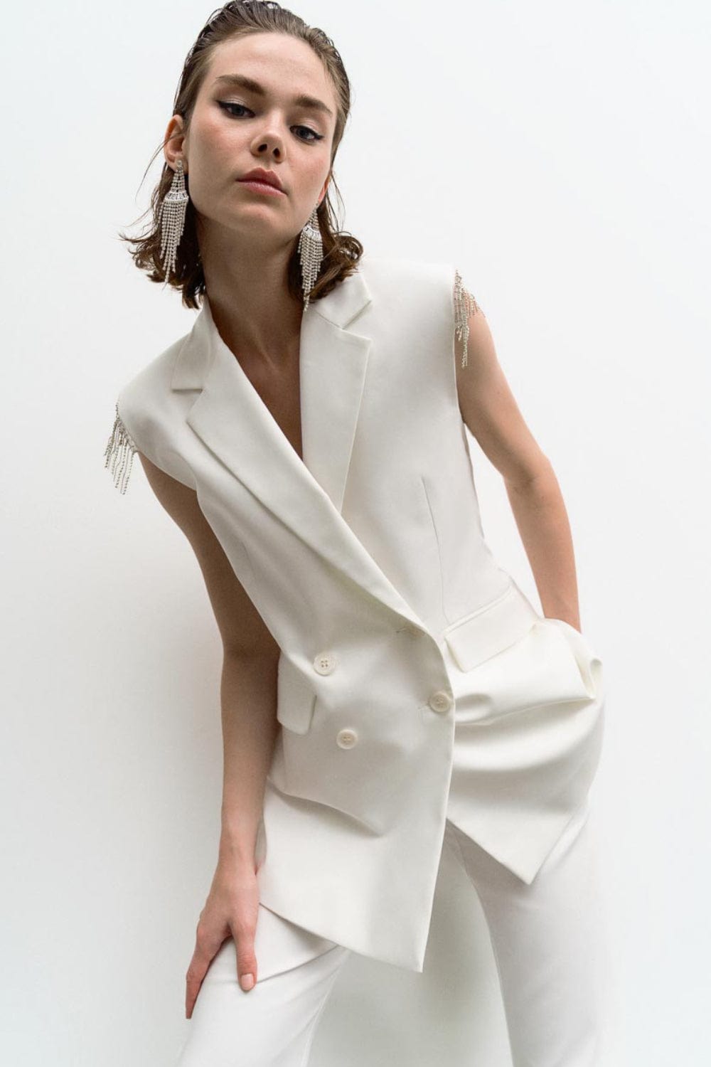 Access - Colete Alfaiataria com Franjas Strass Off White