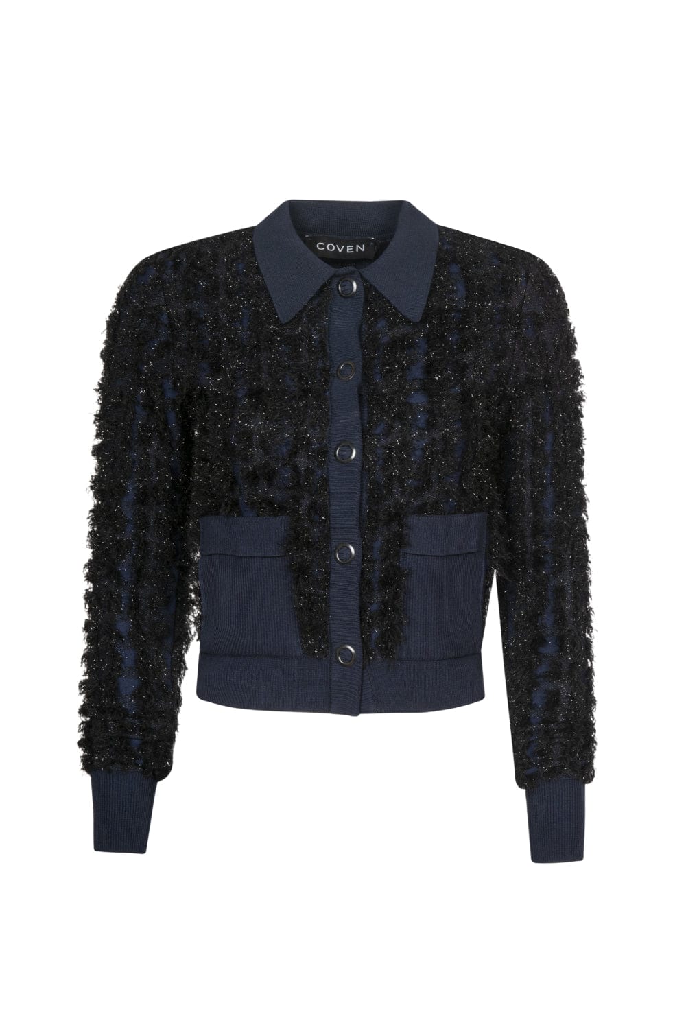 Coven - Casaqueto Tricot Textura Franjado Azul Marinho