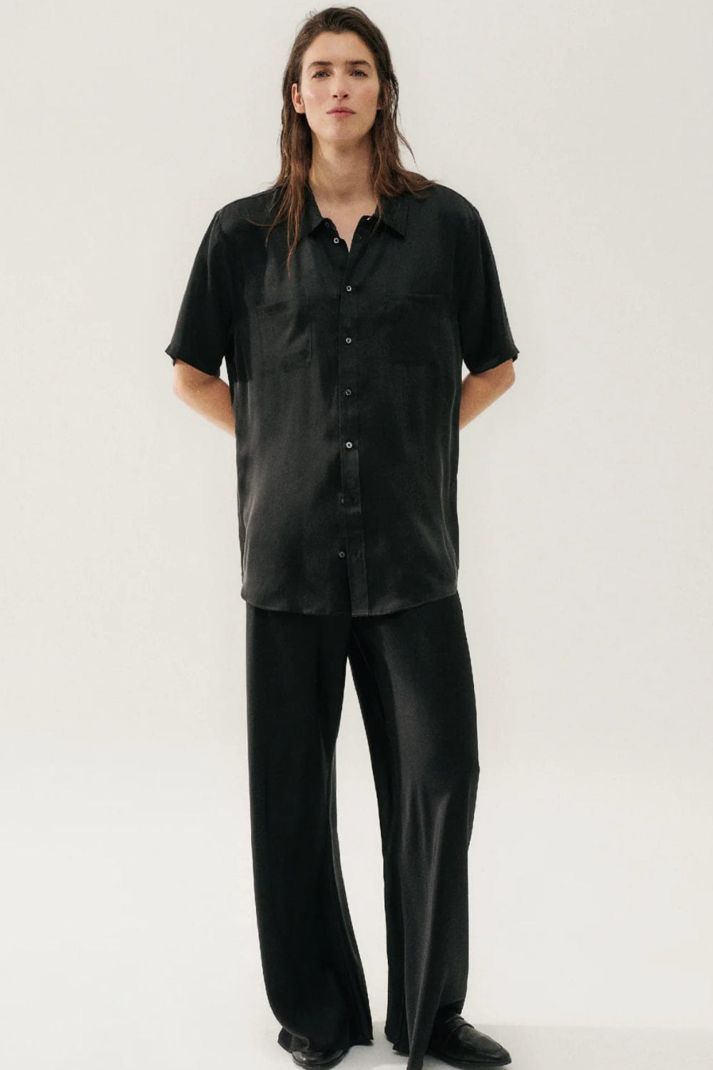 Silk Laundry - Calça Reta Seda Mulbery Bias Preto