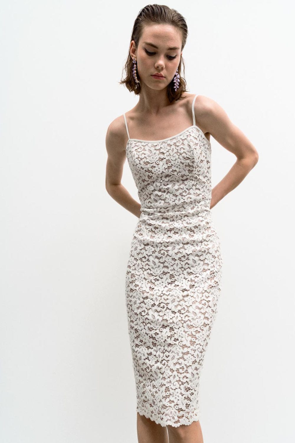 Access - Vestido Curto Alça Fina Renda Off White