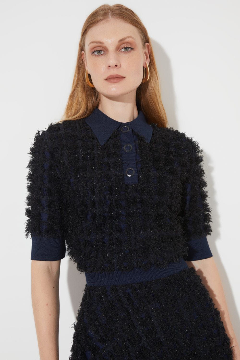 Coven - Blusa Manga Curta Tricot Texturas Franjado Azul Marinho