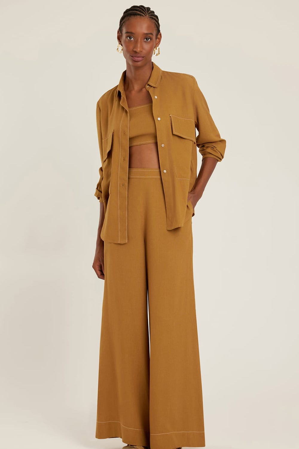 Lenny Niemeyer - Calça Pantalona Pesponto Contrastante Viscolinho Ambar/Ocre