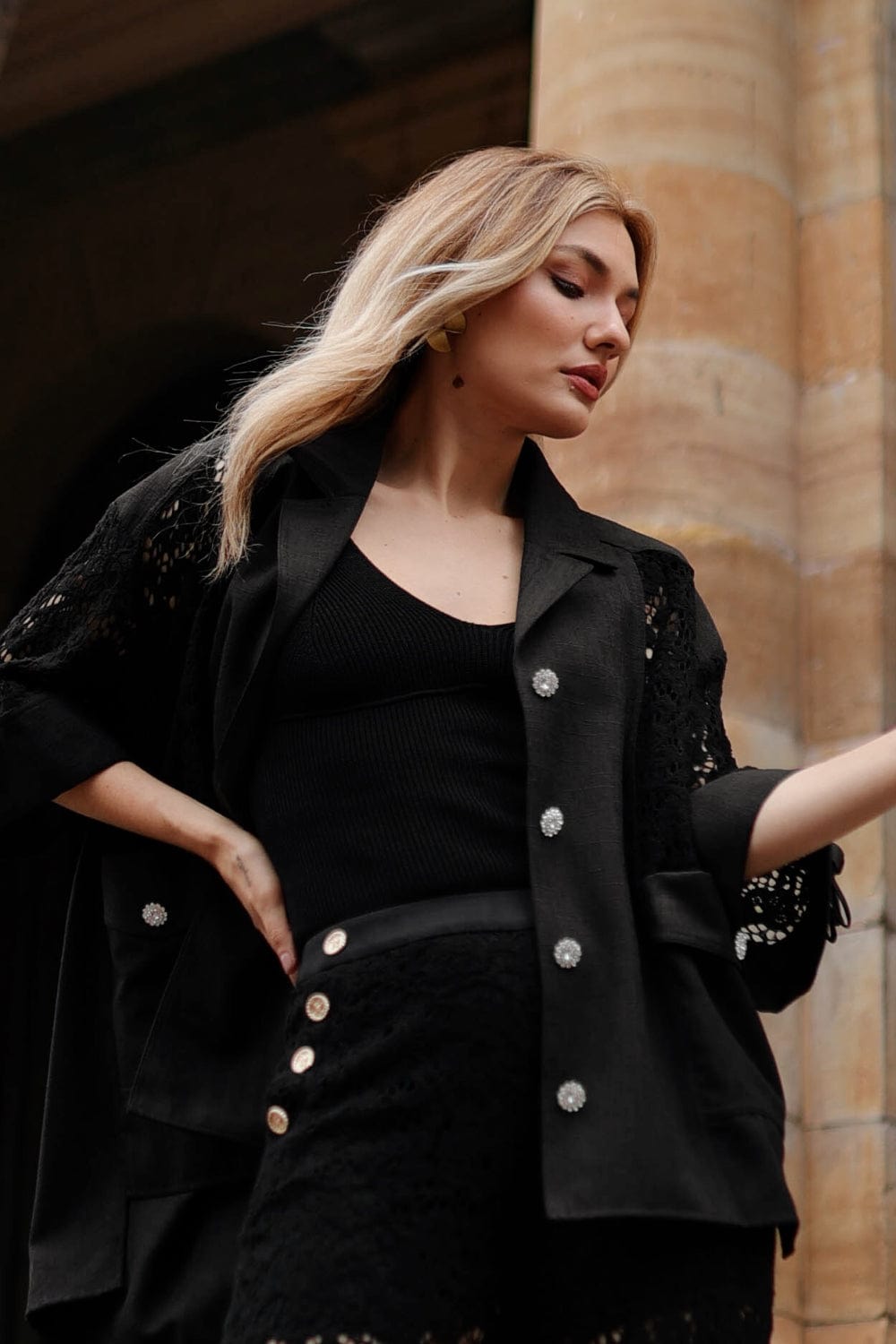 Edward Achour Paris - Blazer Renda Preto Botões Swarovski