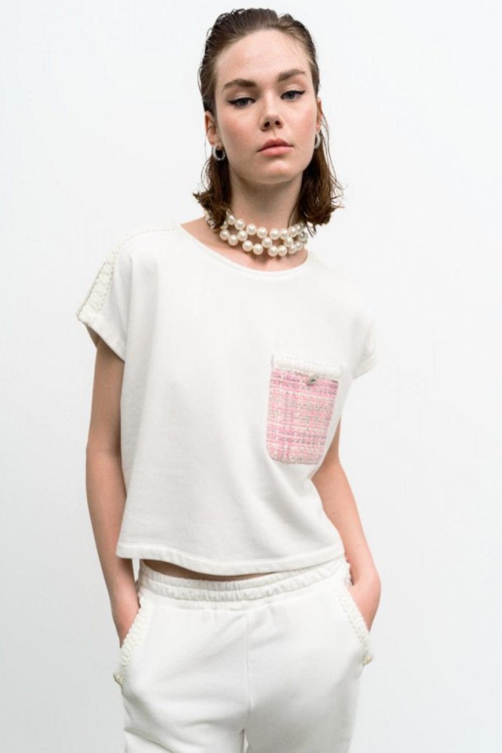 Access - Blusa Manga Curta Bolso Tweed Rosa