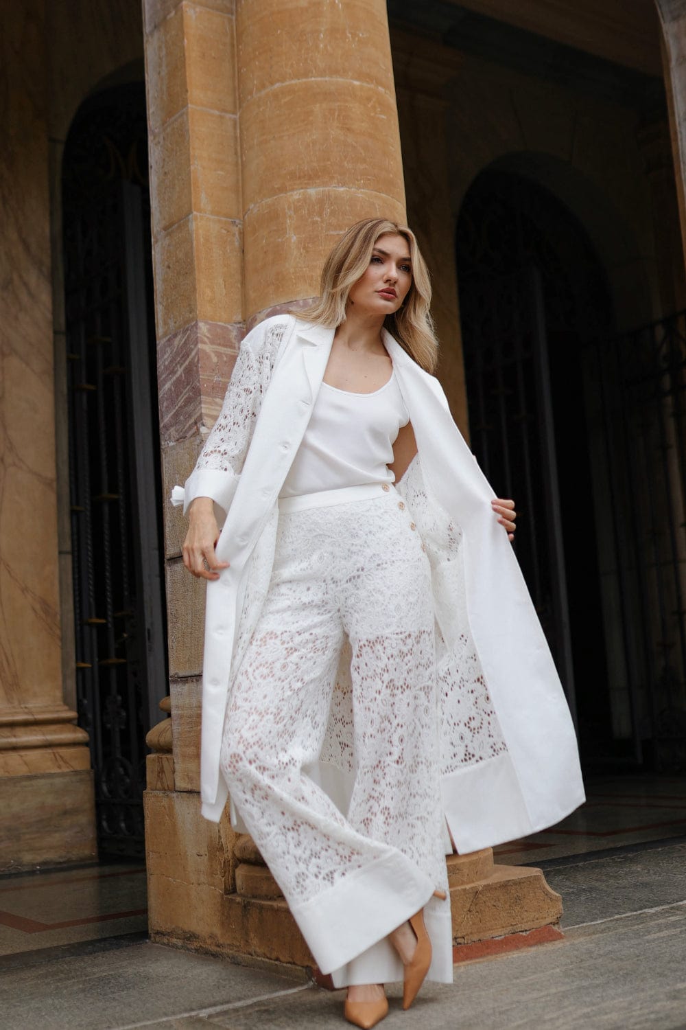 Edward Achour Paris - Calça Pantalona Renda Off White