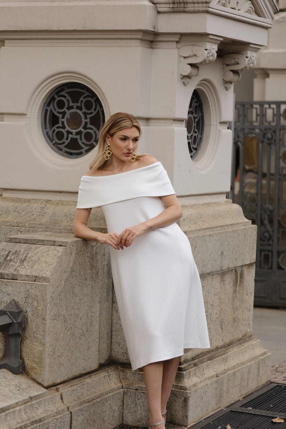 Glória Coelho - Vestido Midi Ombro a Ombro Malha V2188 Off White