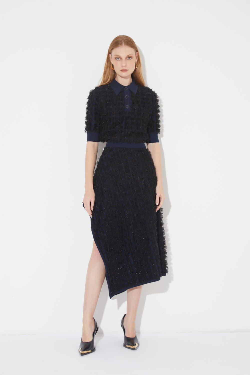 Coven - Saia Midi Tricot Textura Franjado Azul Marinho