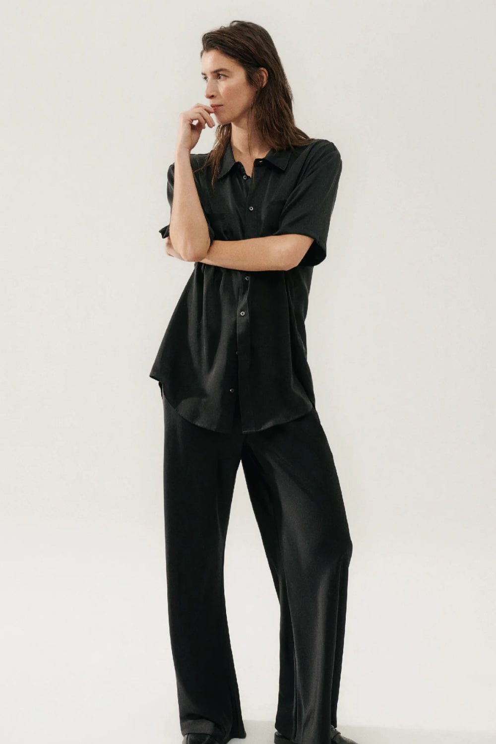 Silk Laundry - Calça Reta Seda Mulbery Bias Preto