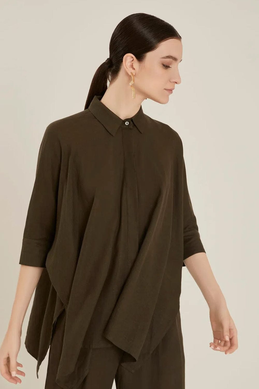 Lenny Niemeyer - Camisa Manga 3/4 Pontas Viscolinho Granito Verde