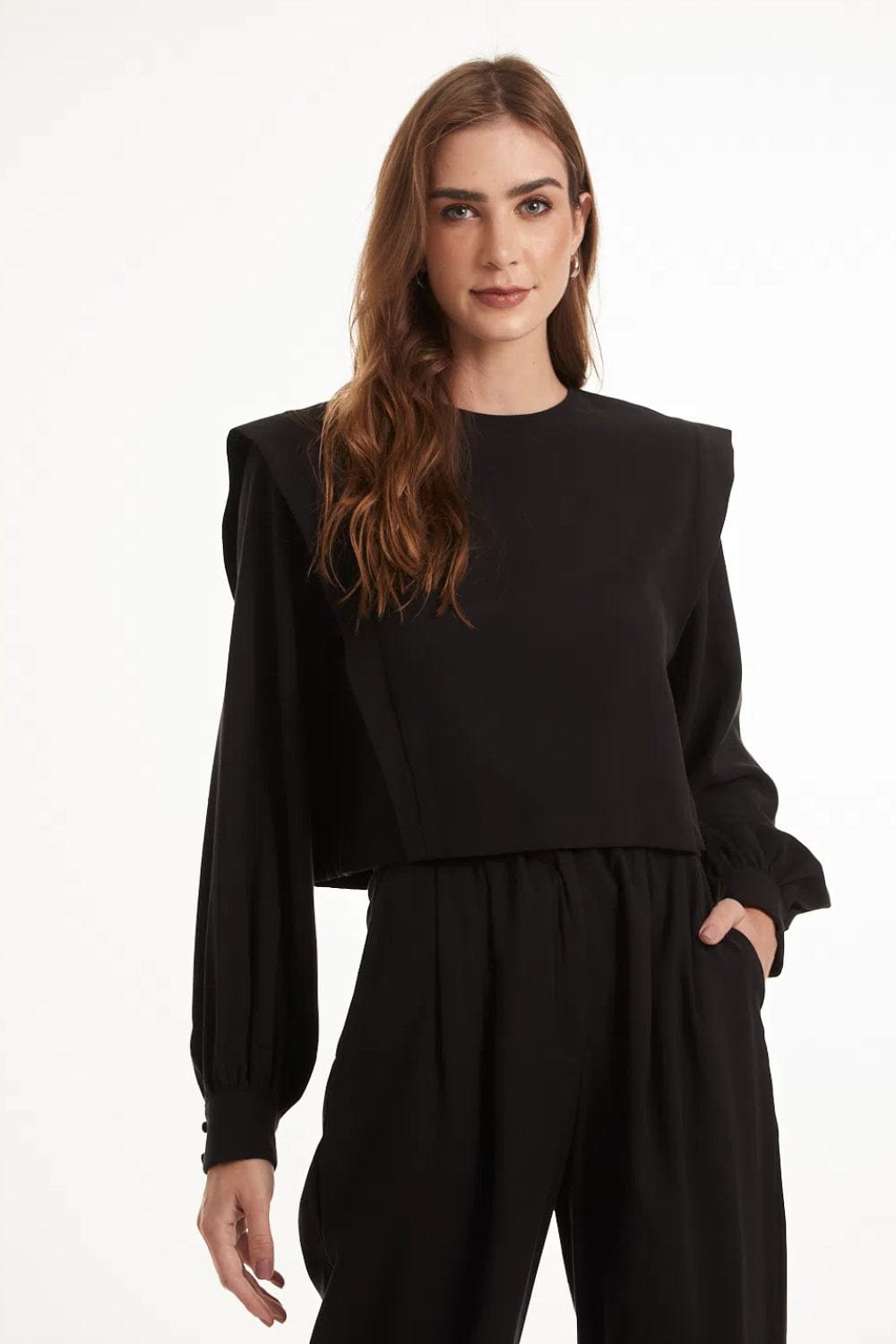 Canal - Blusa Manga Longa Ombreira Recorte Twill Preto