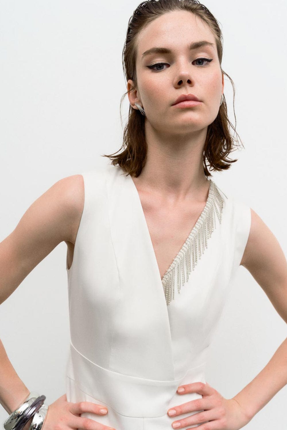 Access - Macacão com Franjas de Strass Off White