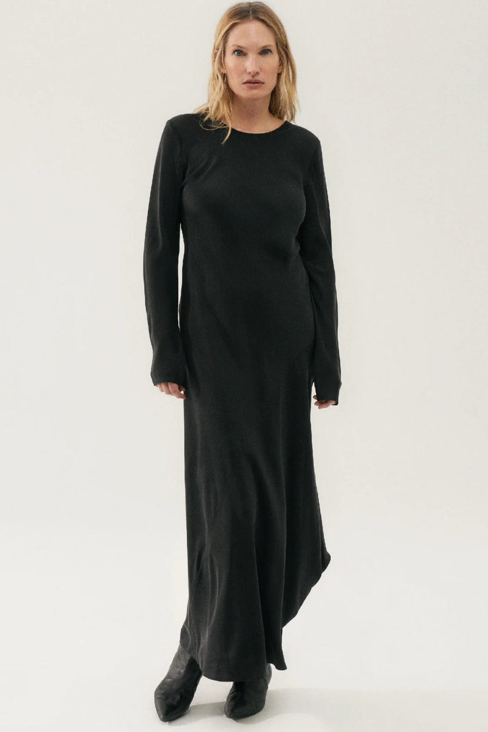 Silk Laundry - Vestido Longo Seda Manga Longa Preto