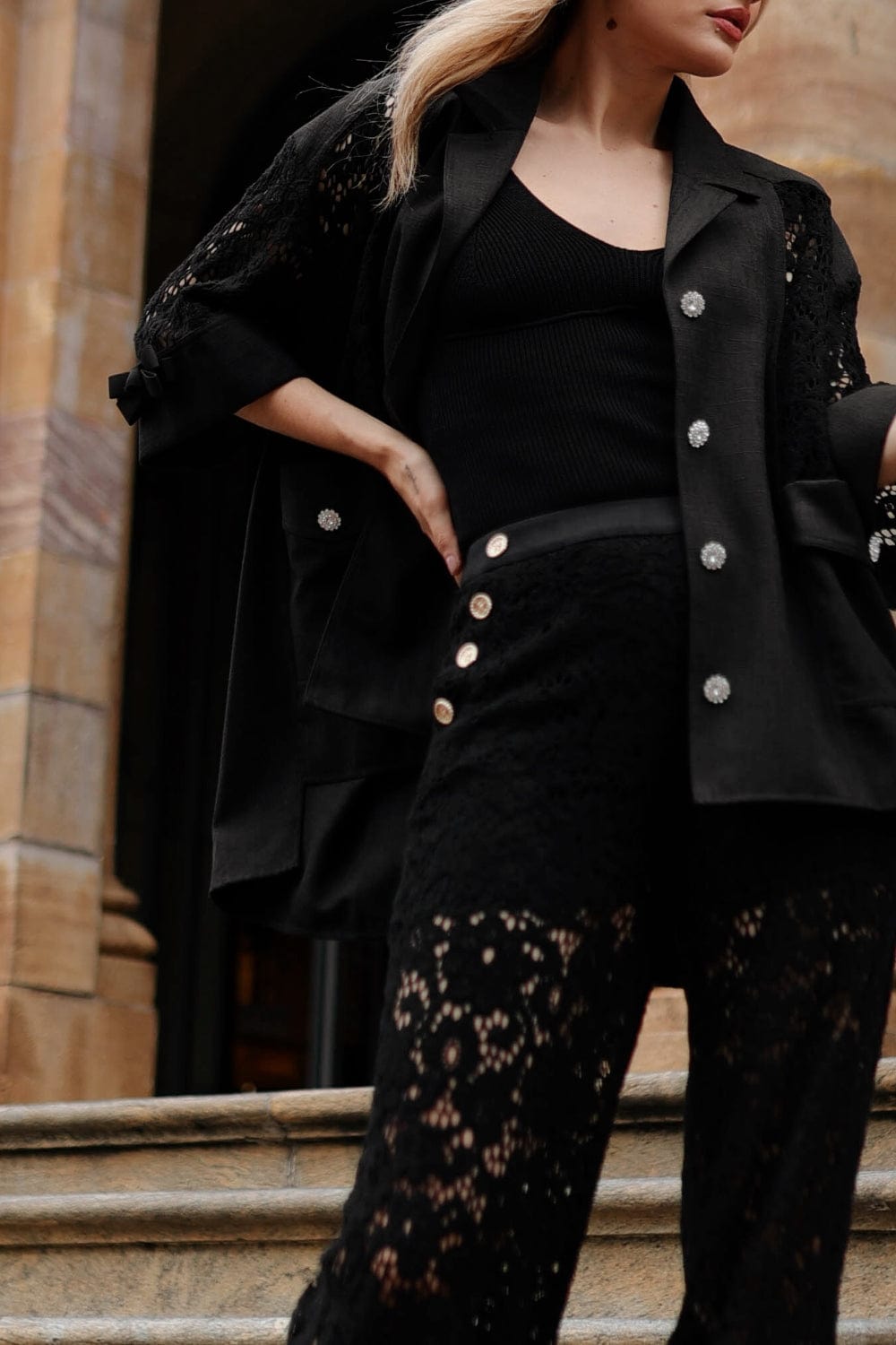 Edward Achour Paris - Blazer Renda Preto Botões Swarovski