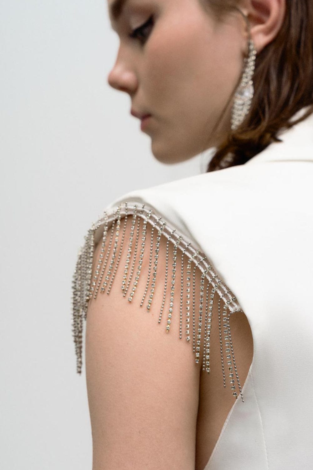 Access - Colete Alfaiataria com Franjas Strass Off White