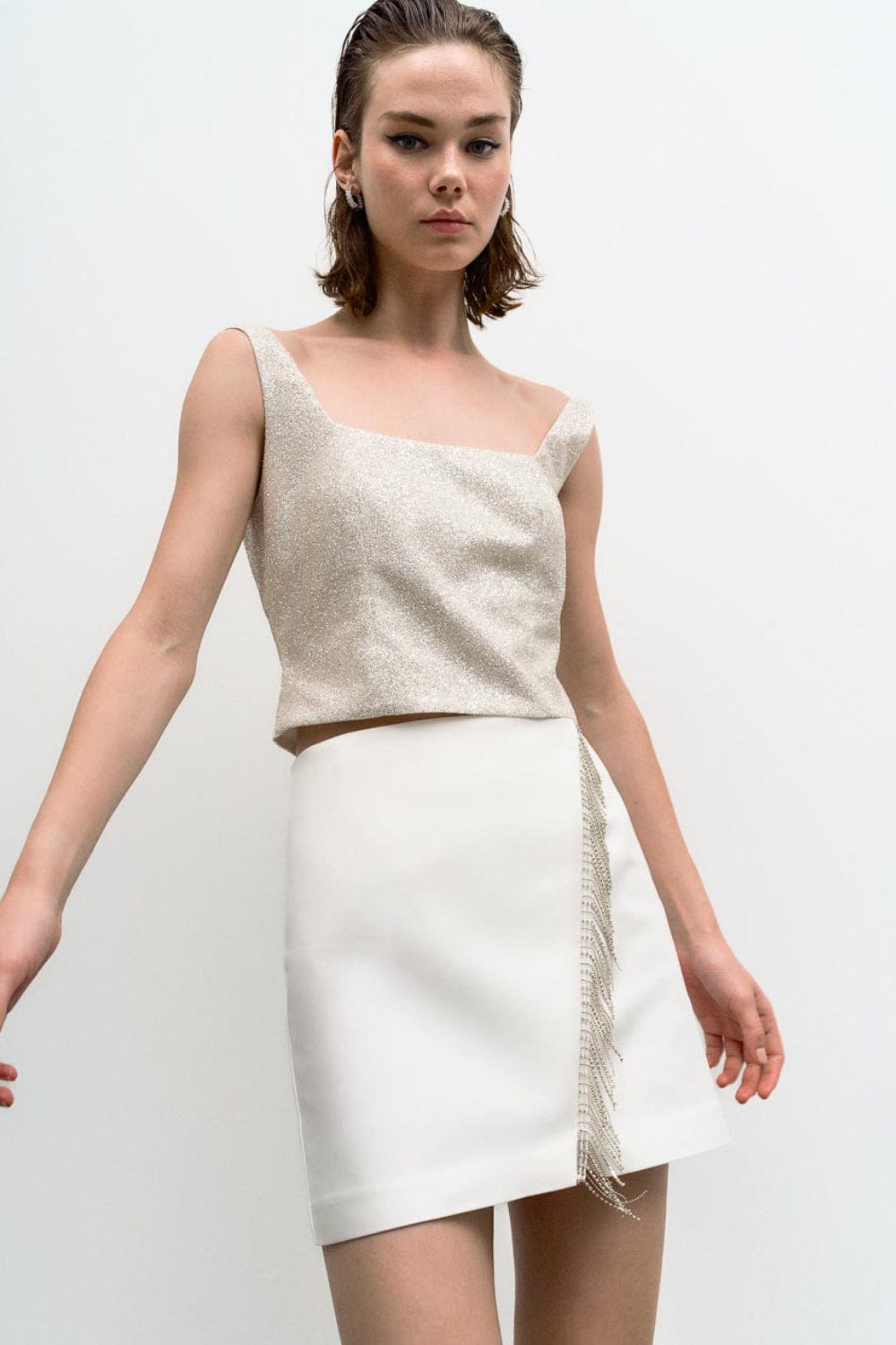 Access - Saia Curta Envelope com Franjas de Strass Off White