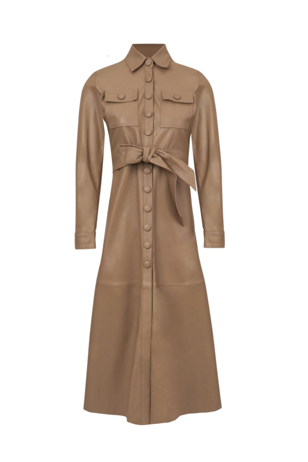 M Leal - Vestido Midi Chemisier Manga Longa Couro Fendi