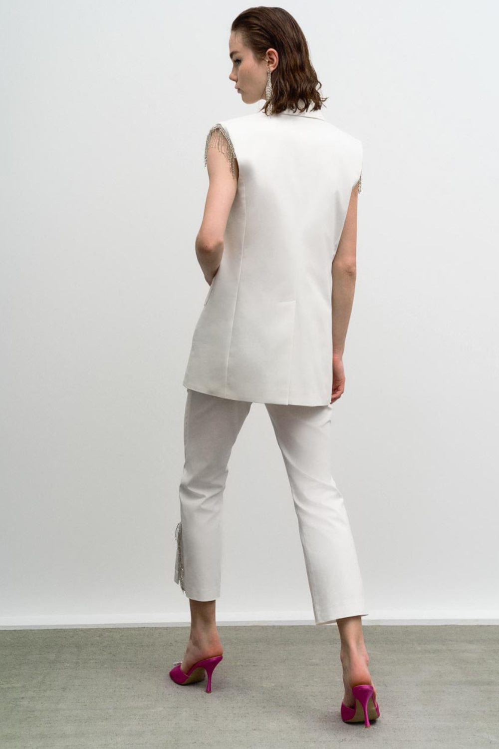 Access - Colete Alfaiataria com Franjas Strass Off White