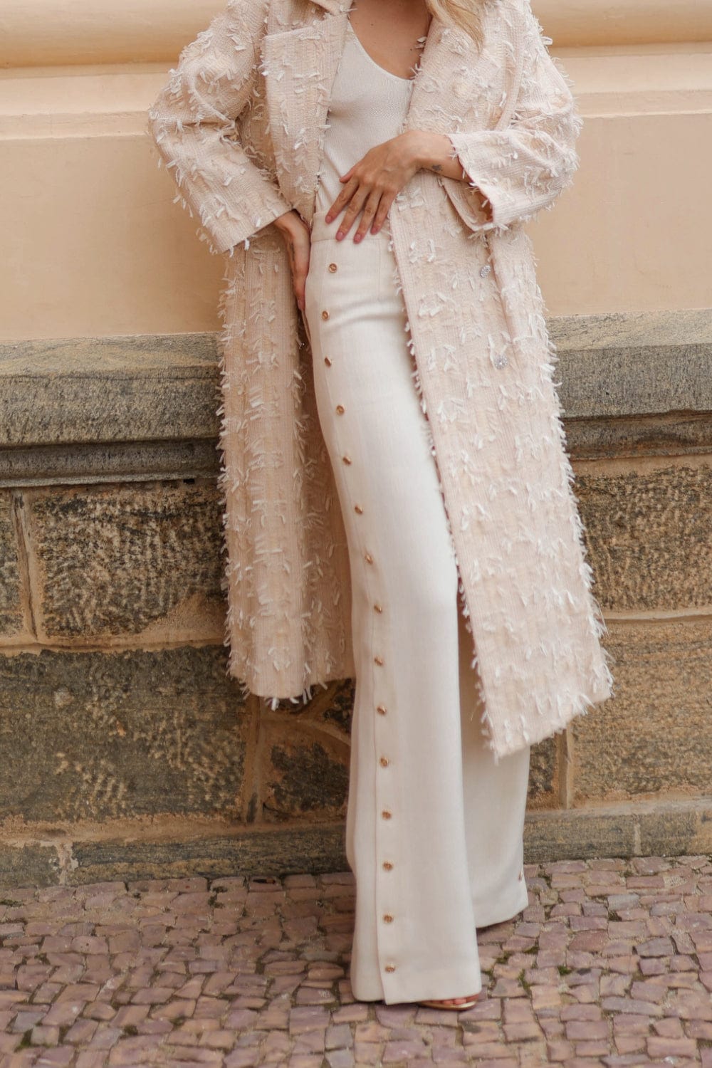 Edward Achour Paris - Sobretudo Tweed Bege Botões Swarovski