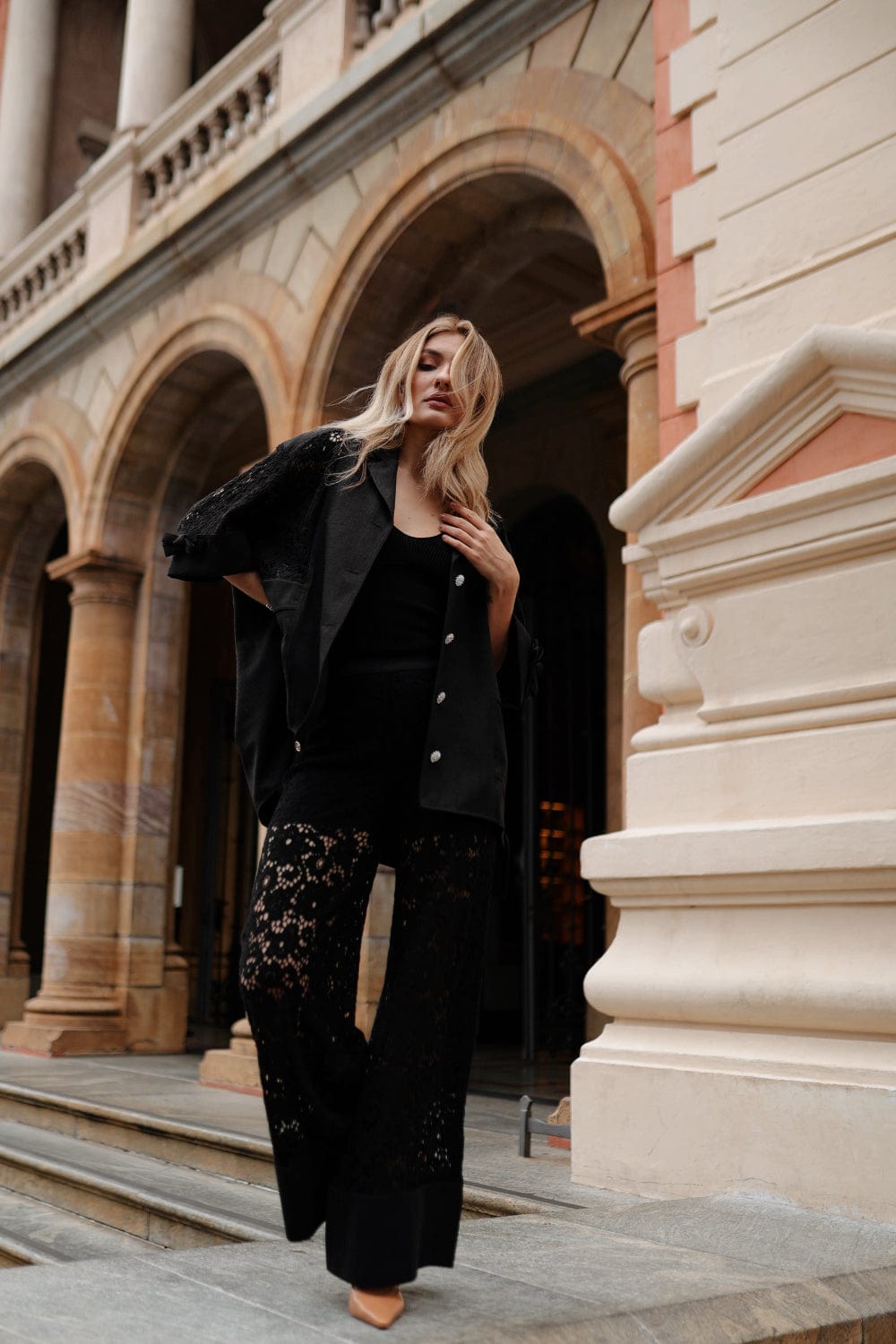 Edward Achour Paris - Calça Pantalona Renda Preto