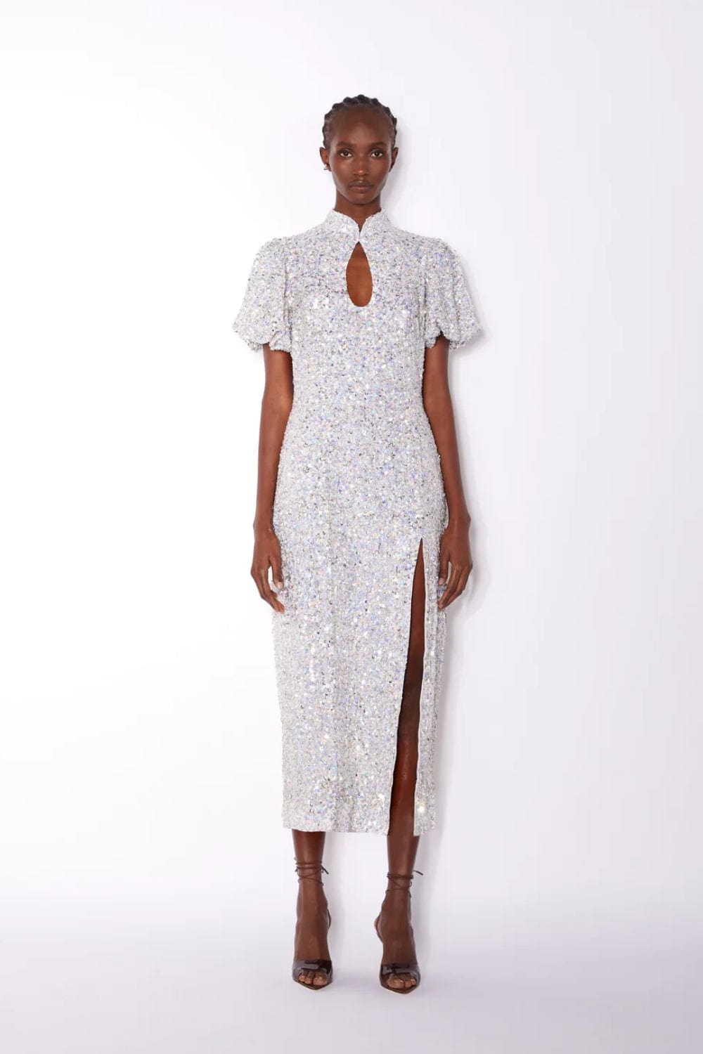 Ilta - Vestido Midi com Manga Fenda Paetês Venus Prata