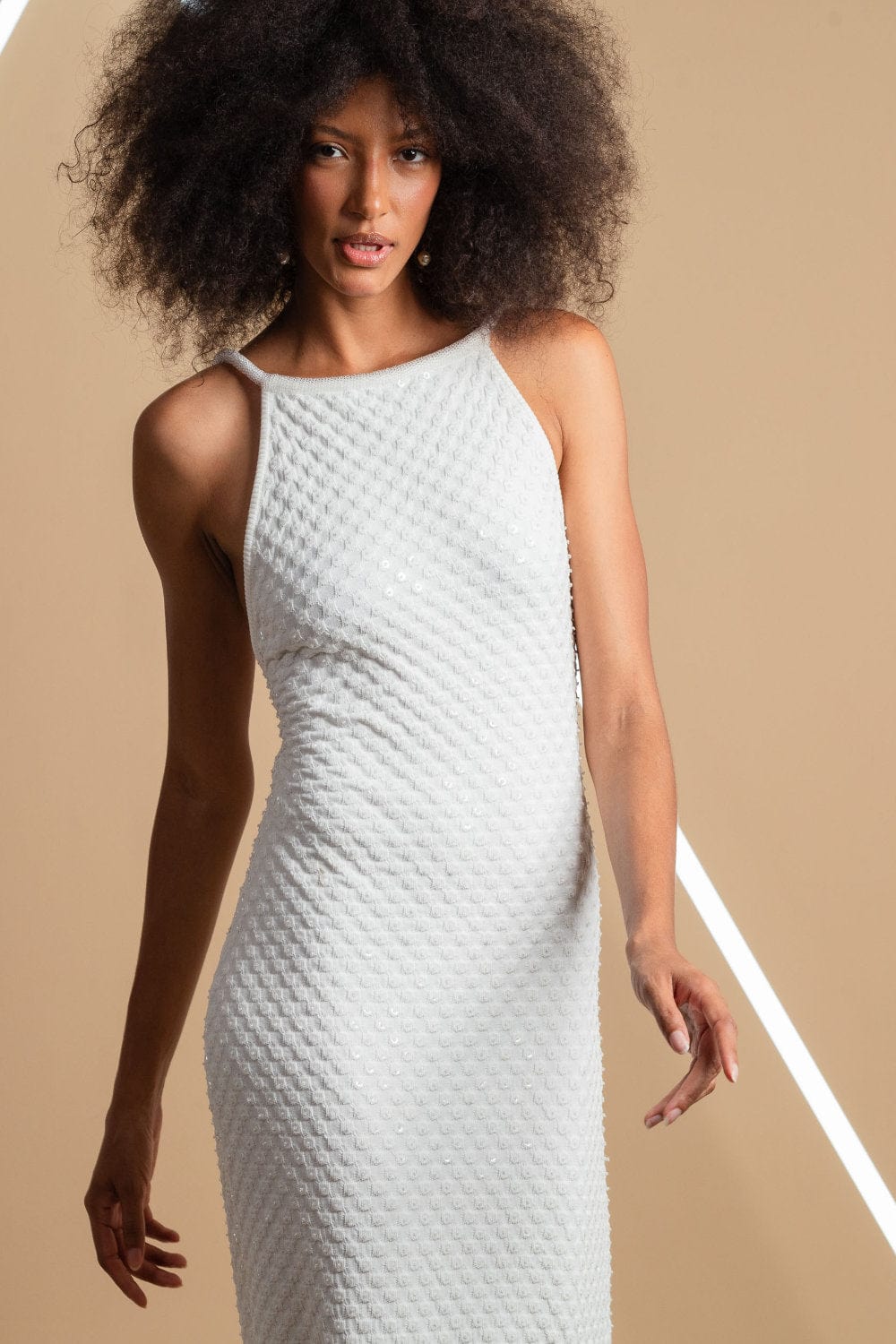 Coven - Vestido Midi Poá Paetês Branco