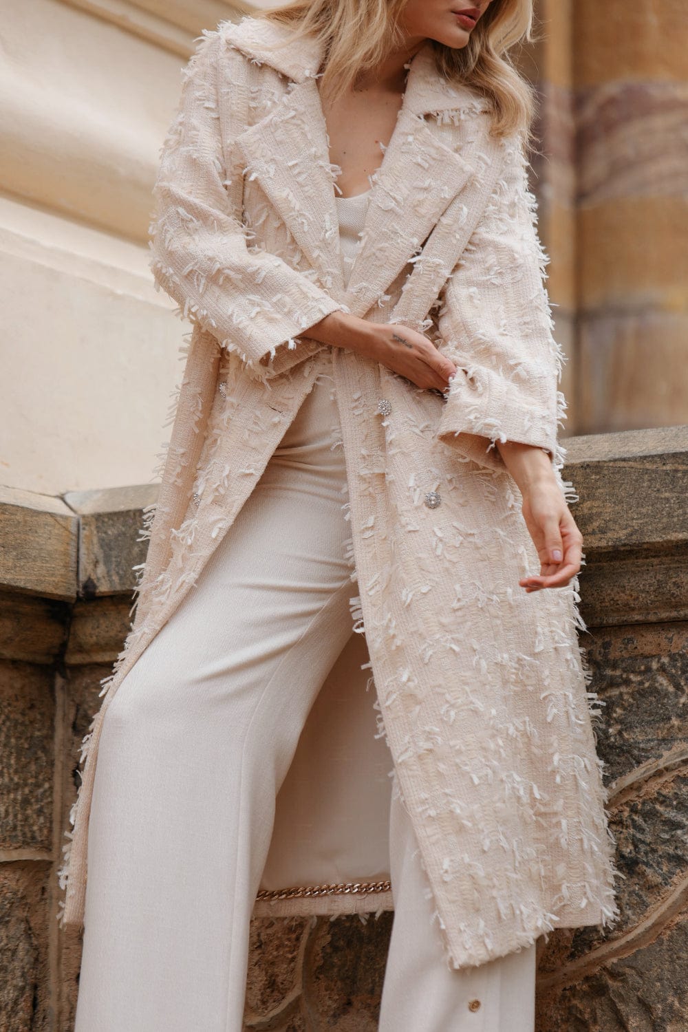 Edward Achour Paris - Sobretudo Tweed Bege Botões Swarovski