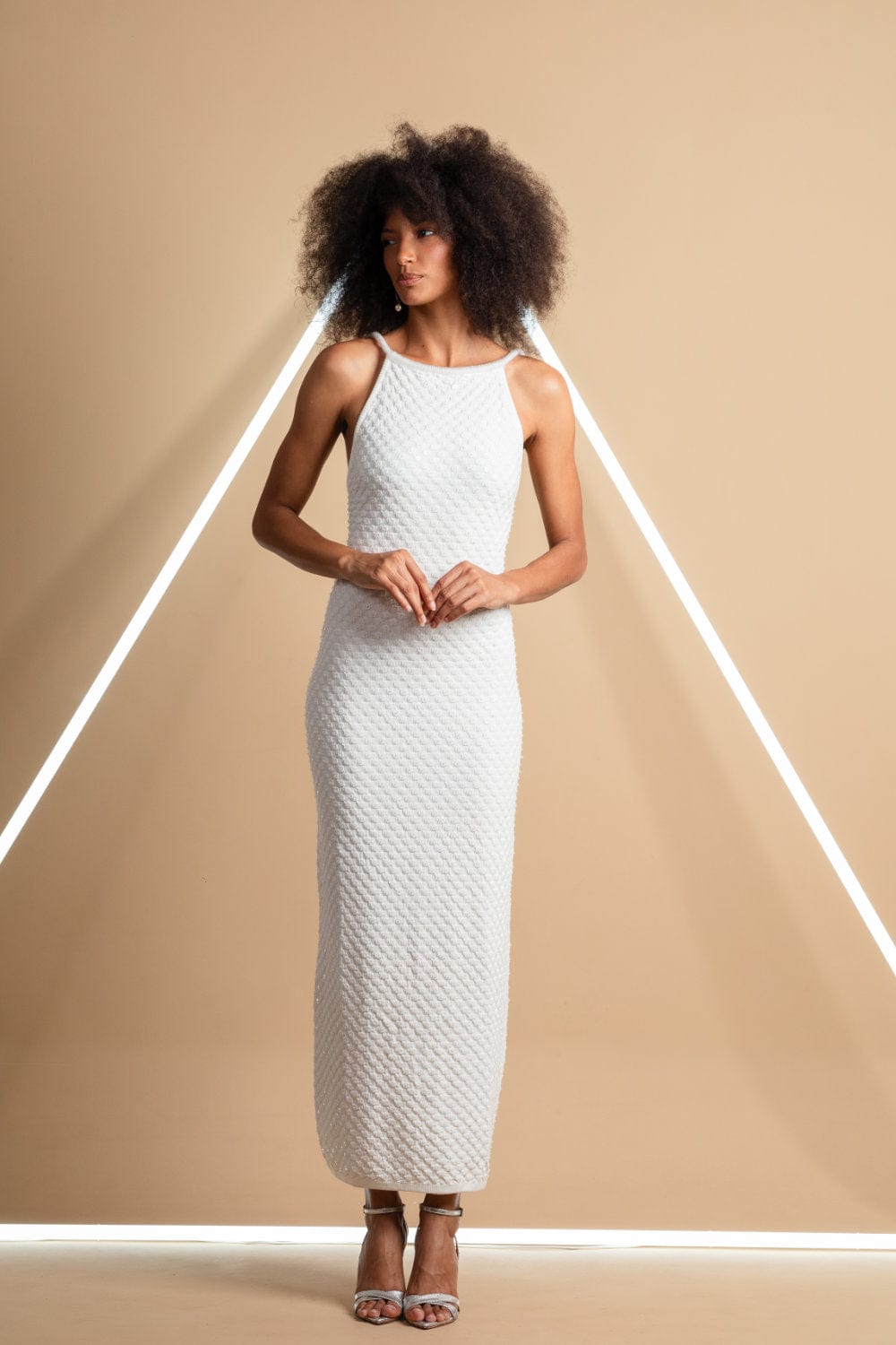 Coven - Vestido Midi Poá Paetês Branco