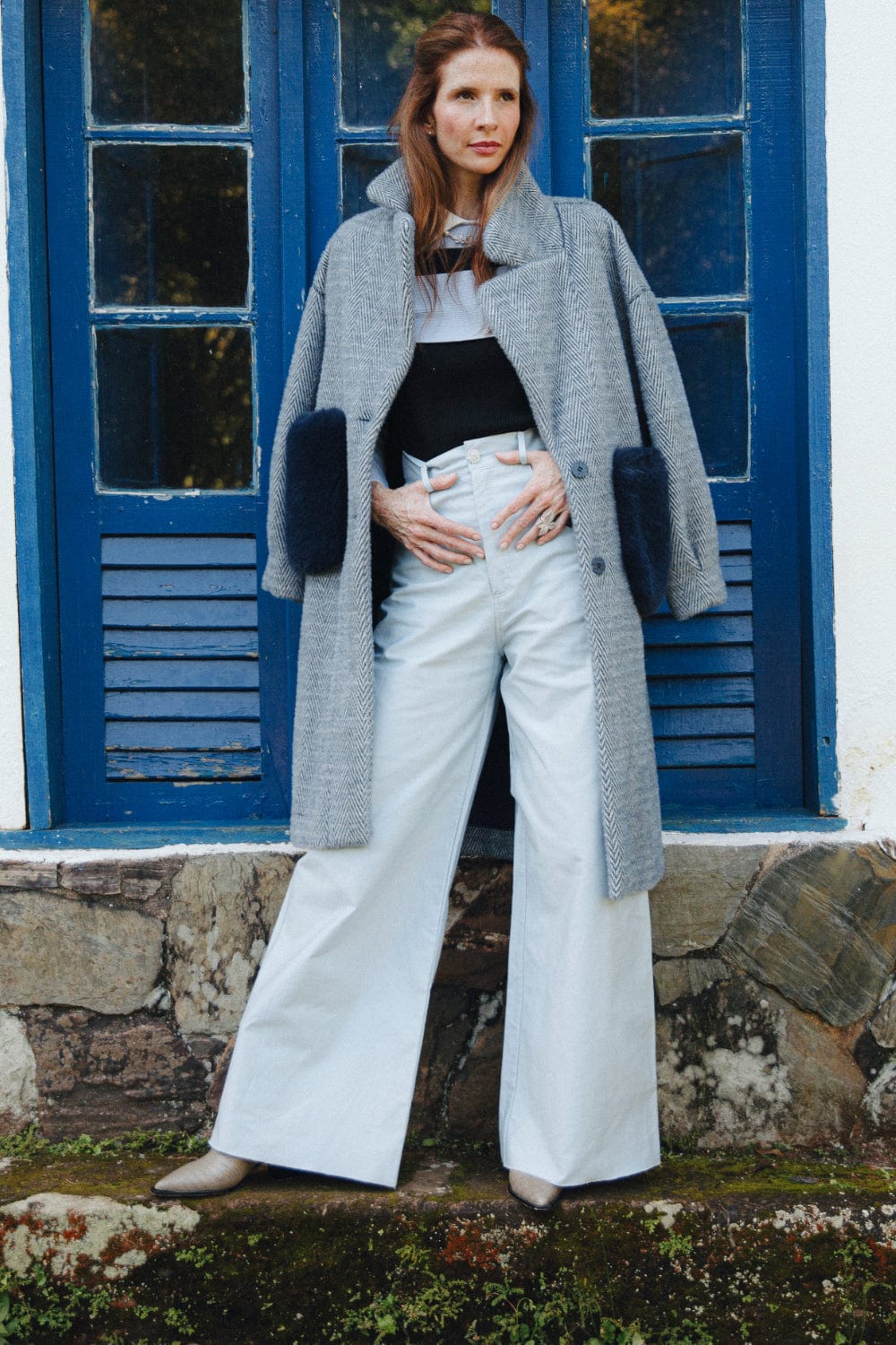 Alex Max - Sobretudo Casaco 7/8 Azul Dupla Face