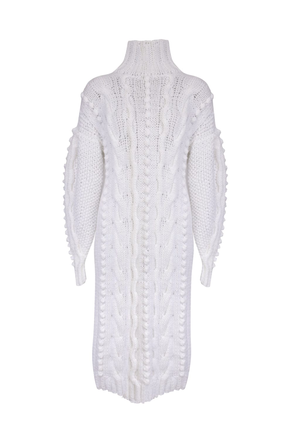 New - Vestido Midi Manga Longa Gola Alta de Tricot Branco