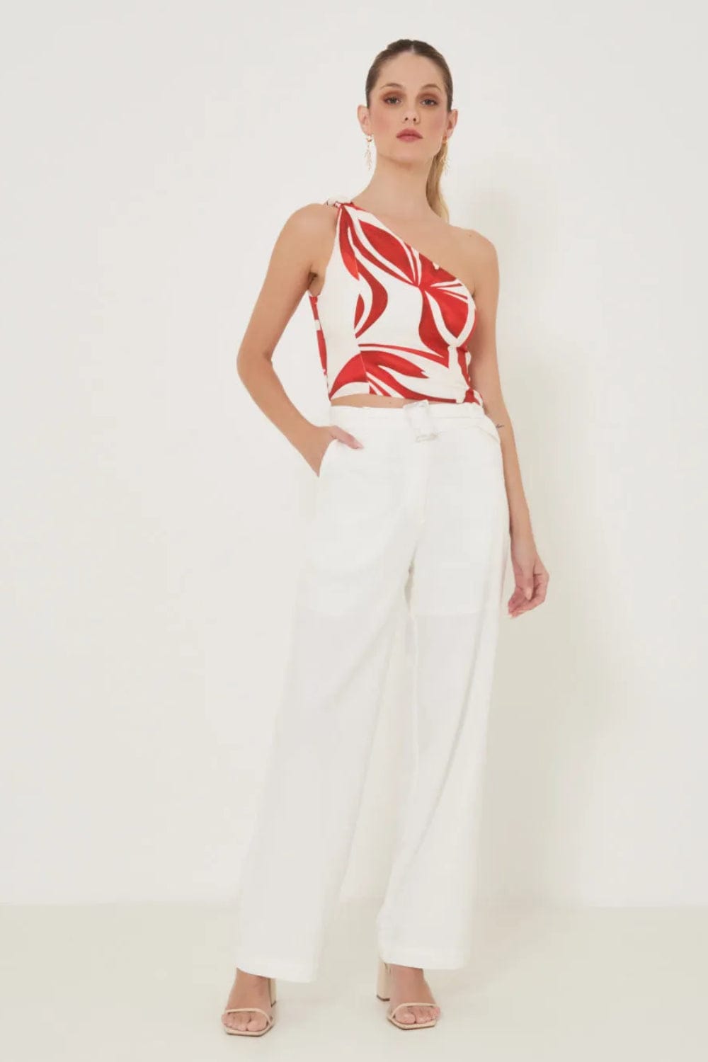 Mob - Calça Pantalona Bolsos Laterais Viscolinho Off White