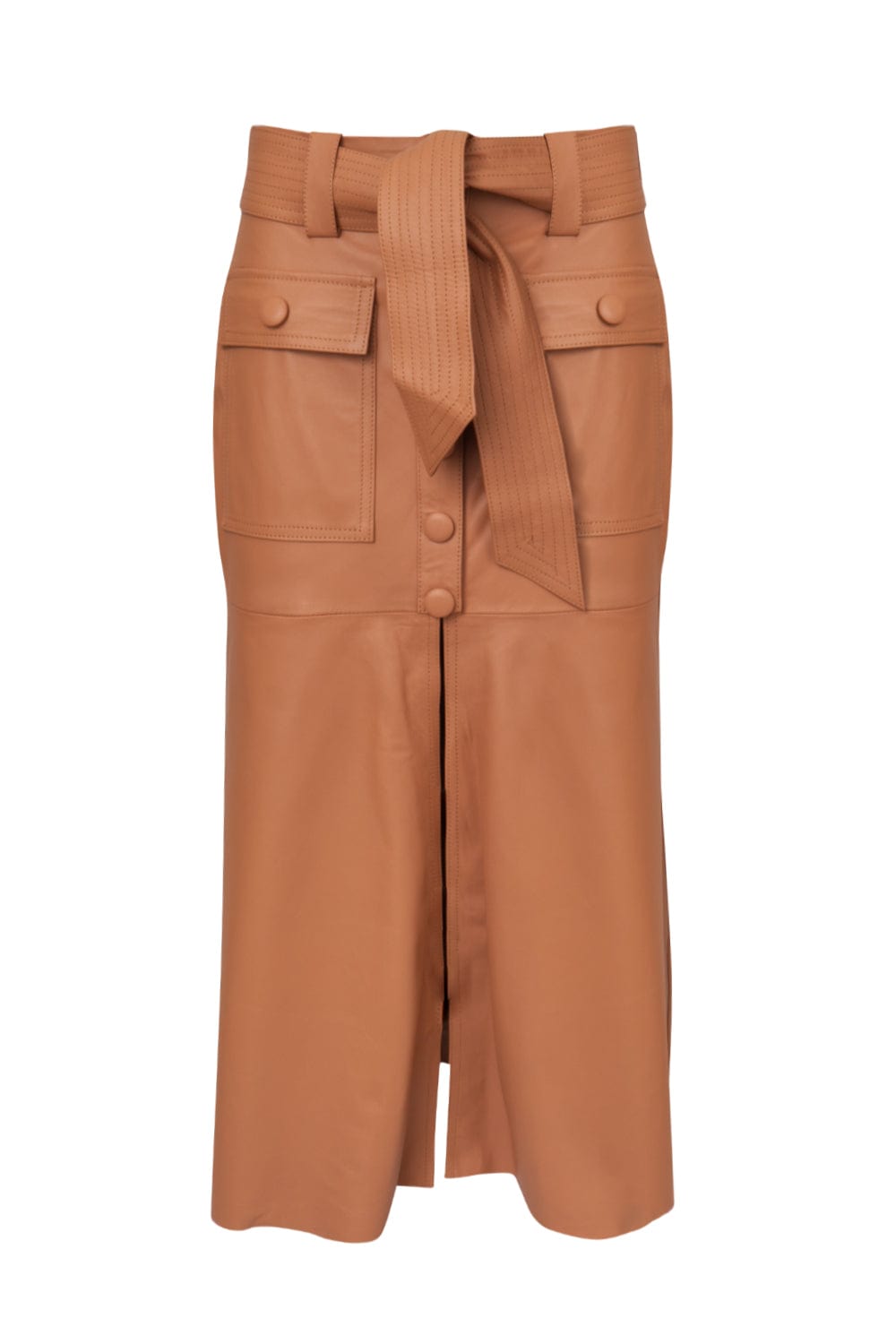 M Leal - Saia Midi Abertura Couro Botões Caramelo