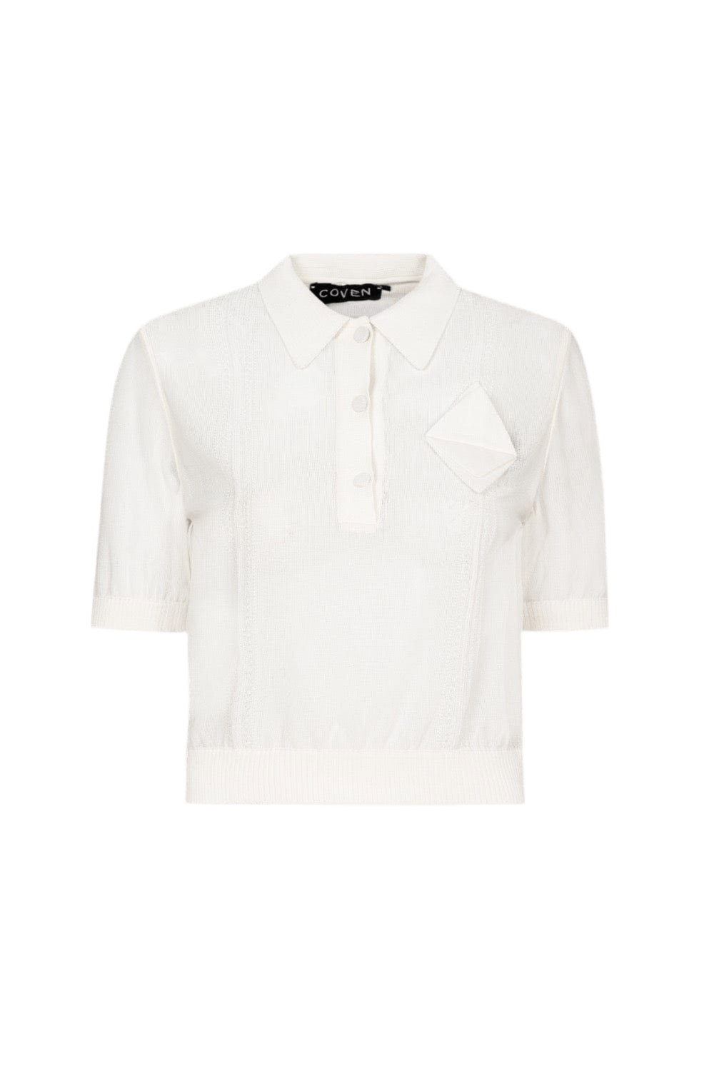 Coven - Blusa Manga Curta Gola Polo Tricot Organza Branco