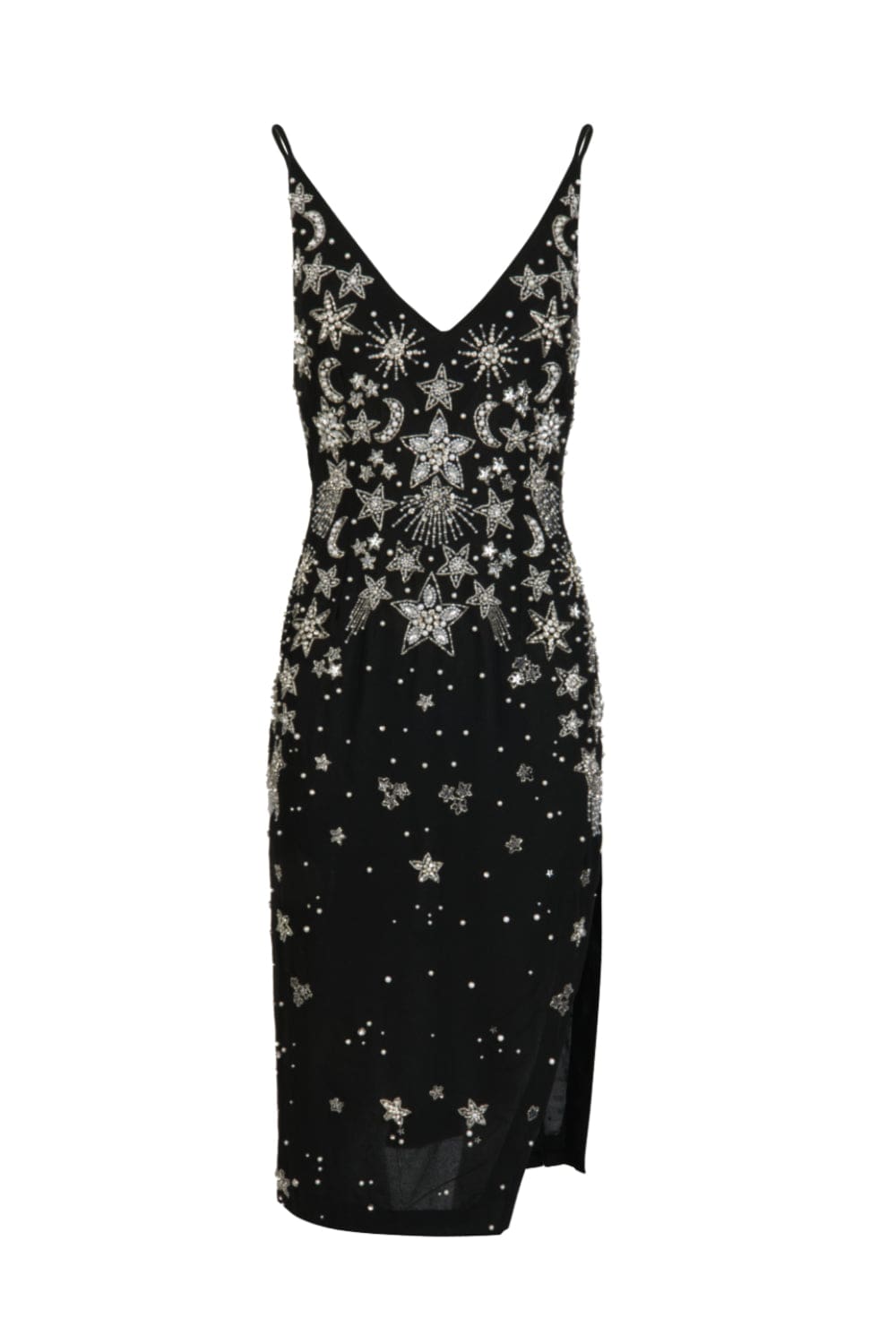 Ilta - Vestido Midi Alça Bordado Fenda Eve Preto