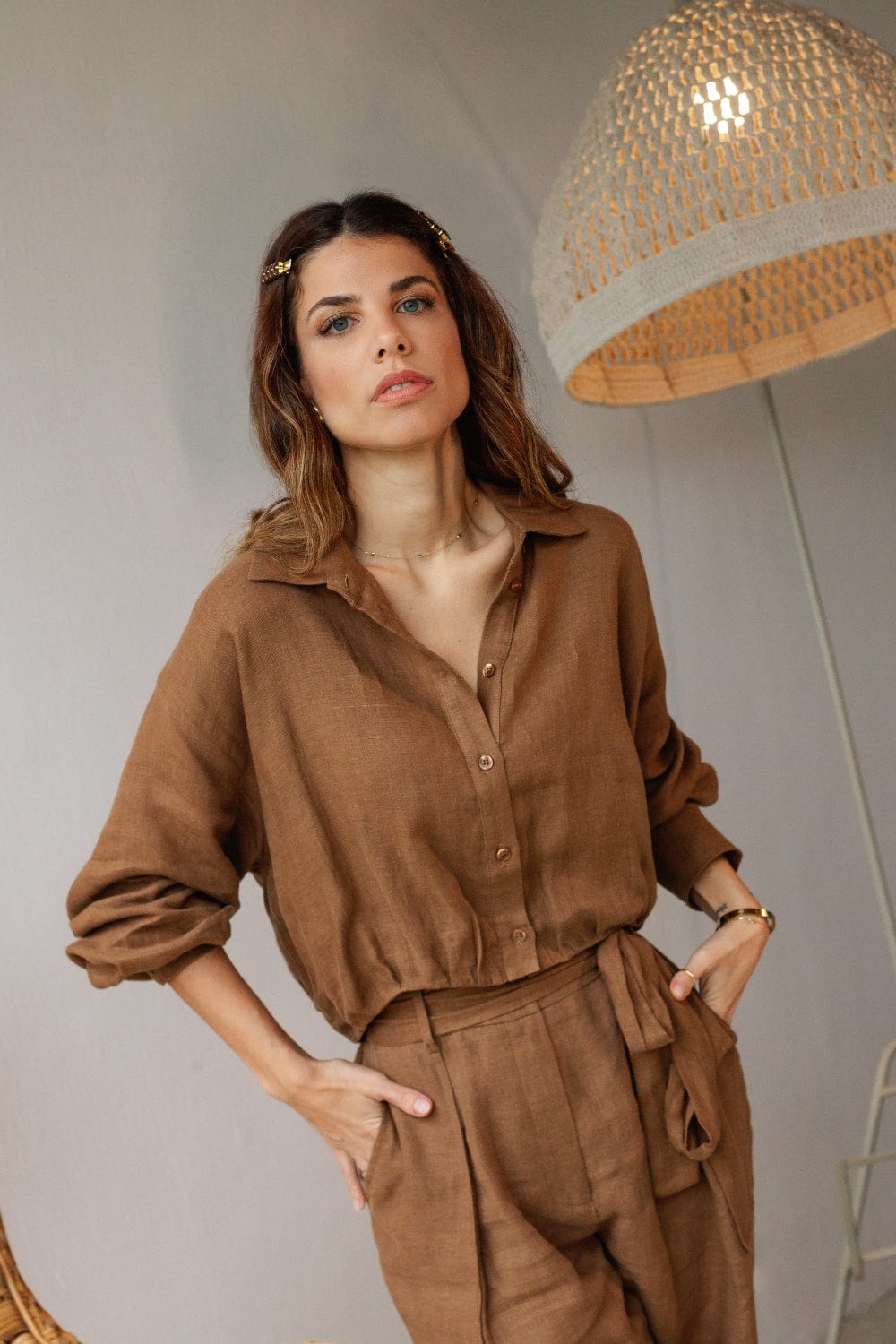 Access - Camisa Cropped Linho Marrom