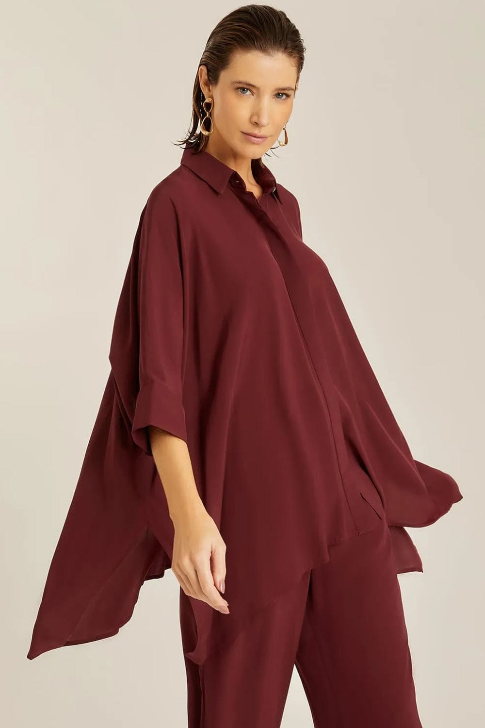 Lenny Niemeyer - Camisa Manga 3/4 Pontas Viscose Vinho