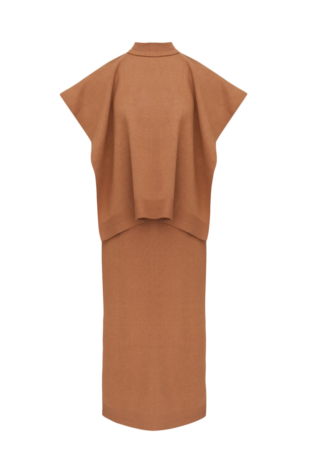 Coven - Vestido Midi Longuete em Tricot Acabamento Canelado com Sobreposição Caramelo