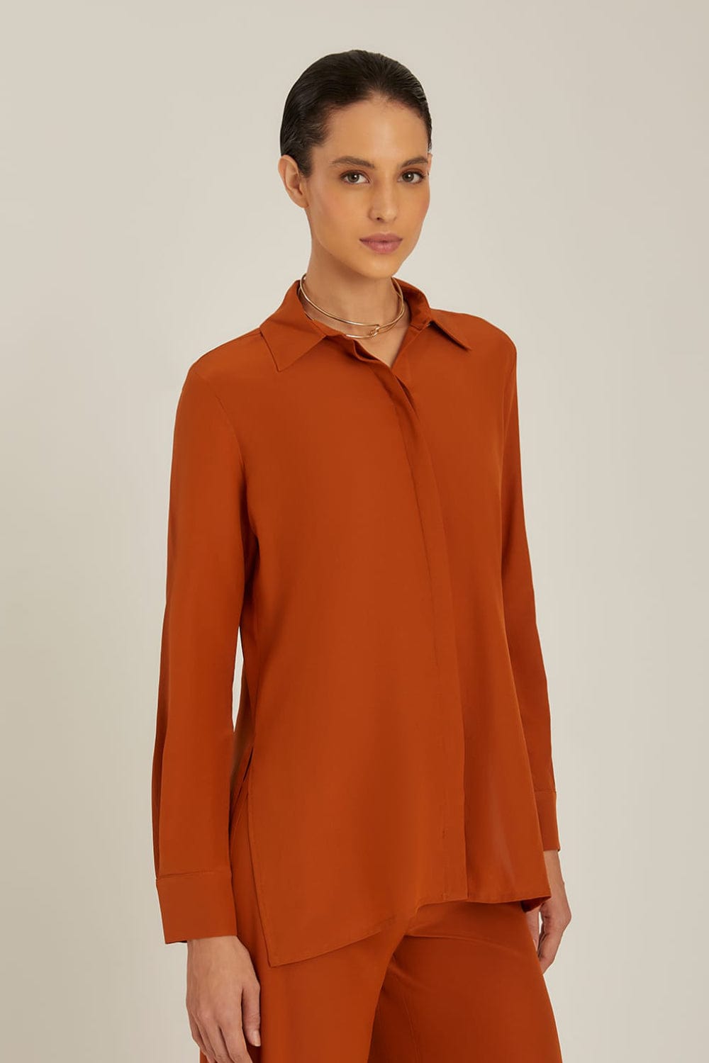 Lenny Niemeyer - Camisa Manga Longa Fendas Laterais Seda Avelã