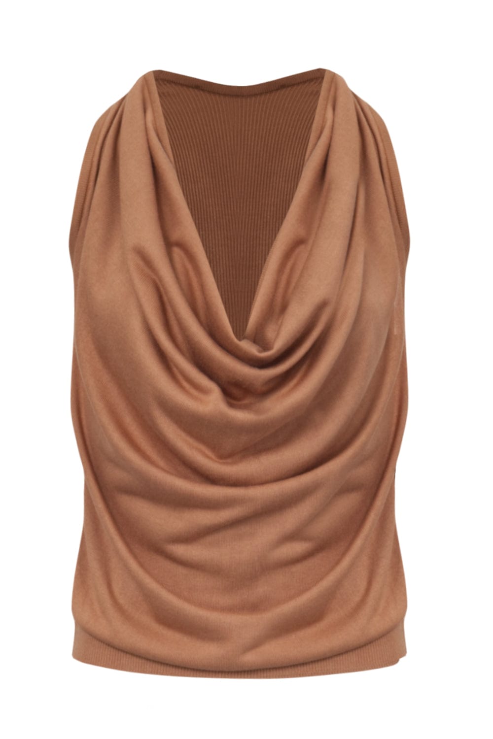 Coven - Blusa sem Manga Tricot Decote Degagê Cesto Caramelo