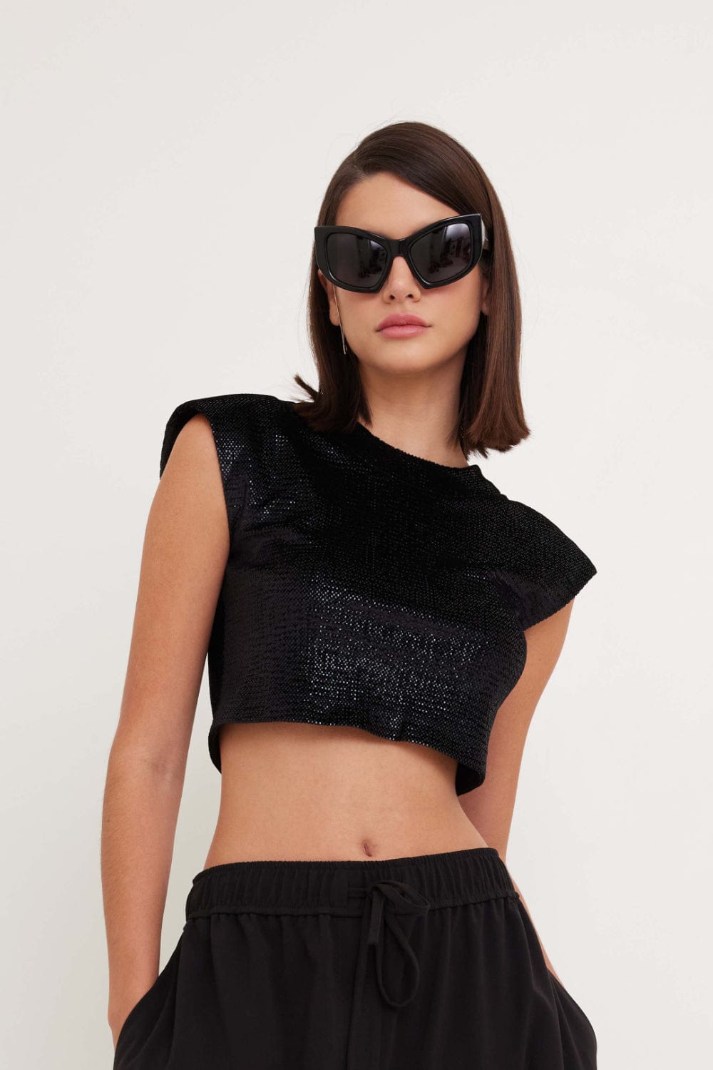 Glória Coelho - Blusa Cropped Manga Curta Preto