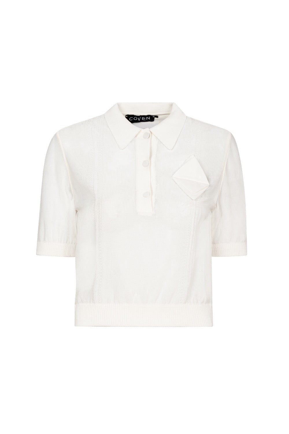Coven - Blusa Manga Curta Gola Polo Tricot Organza Branco