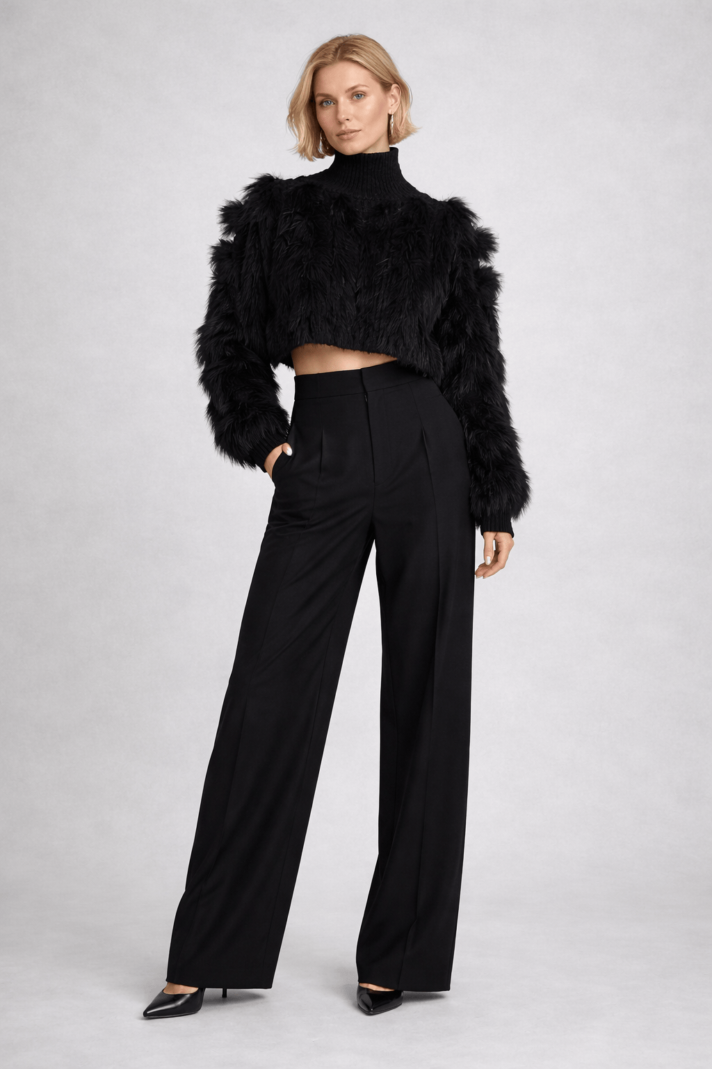 Madre Reina - Blusa Cropped Manga Longa Tricot Pele Coelho Preto