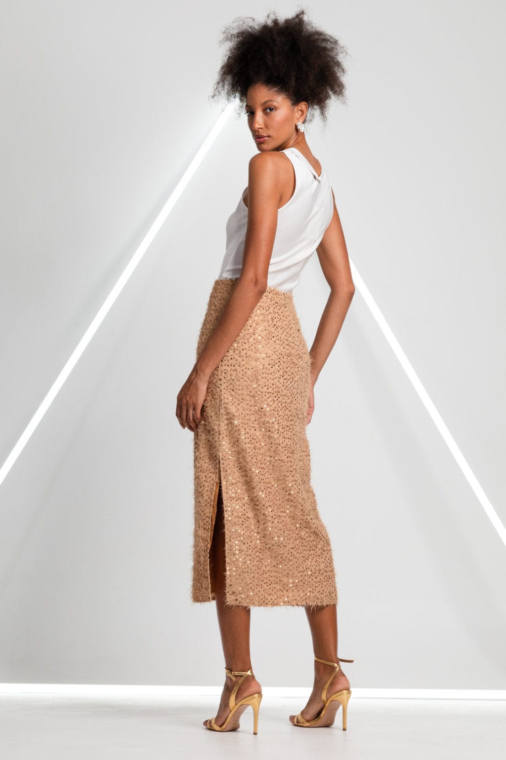 L'Cecci - Saia Midi em Paetês Dourada