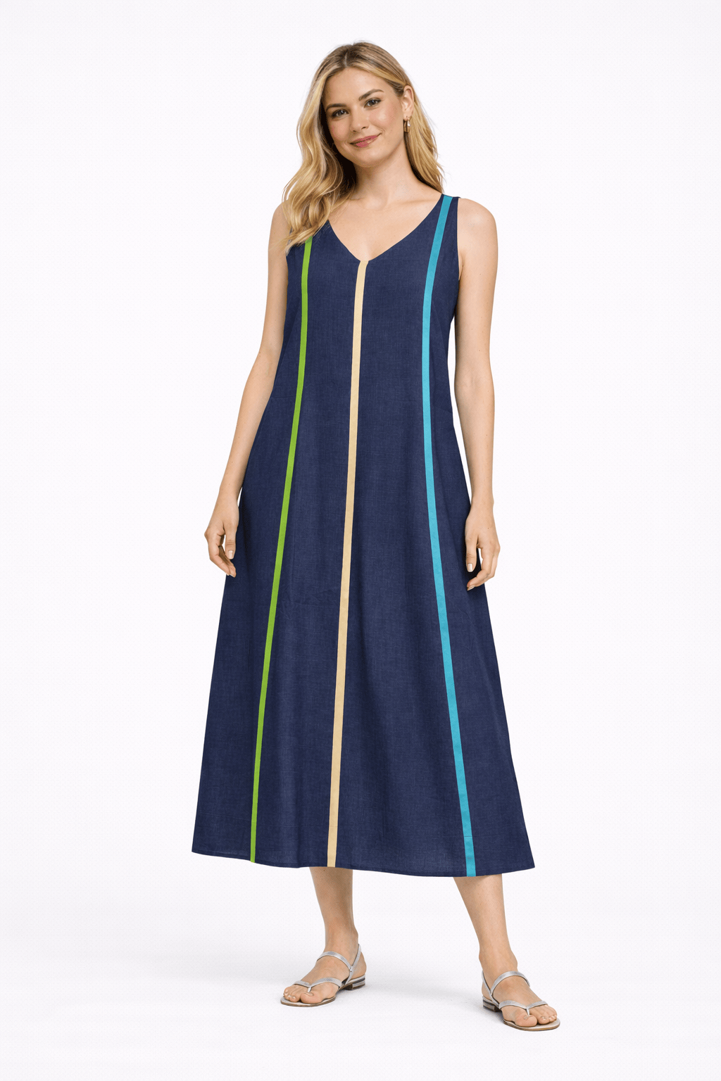 Viviane Furrier - Vestido Midi em Tecido Decote V com Aplicação em Galão