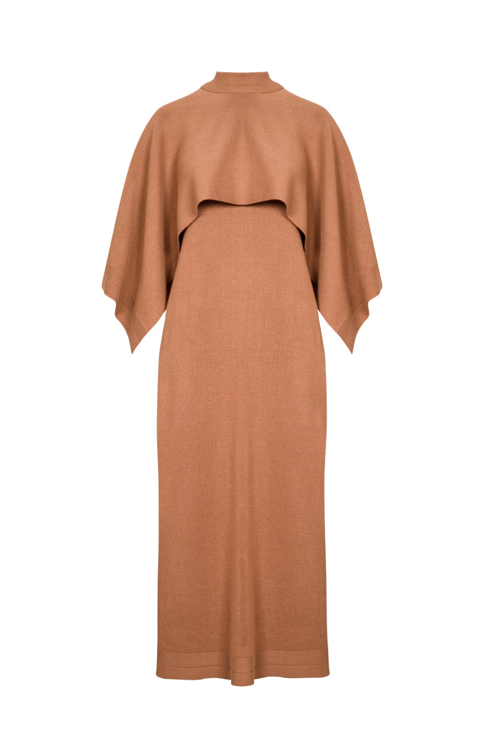 Coven - Vestido Midi Longuete em Tricot Acabamento Canelado com Sobreposição Caramelo