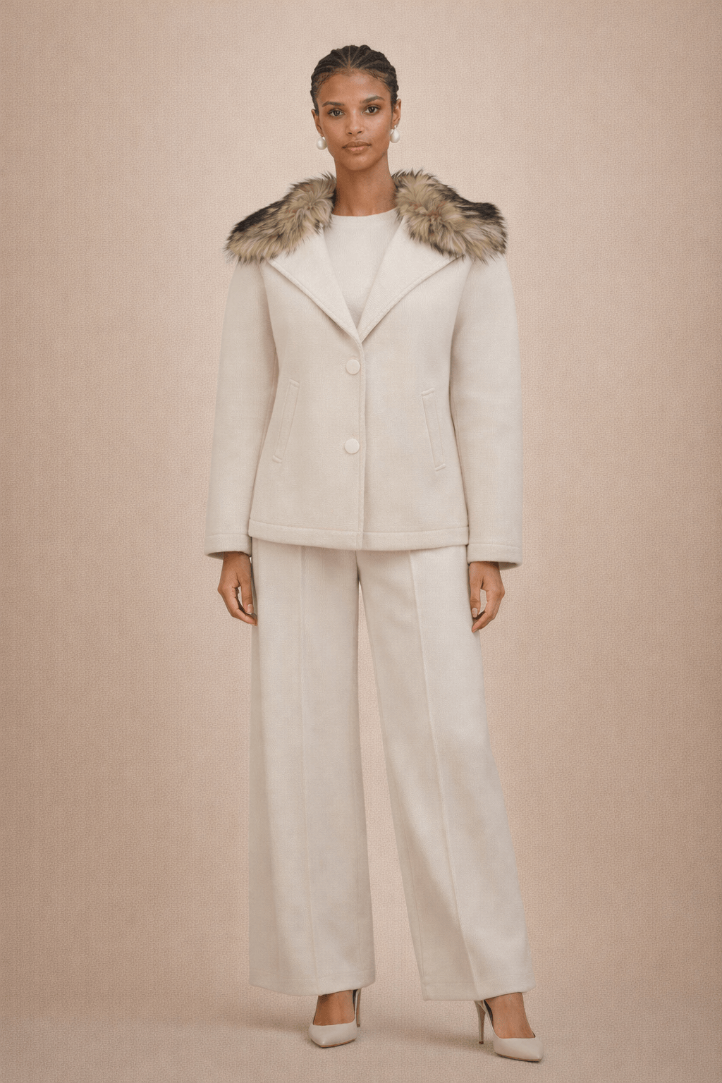 Viviane Furrier - Casaco 7/8 em Tricot Dublado com Gola Removível Bege