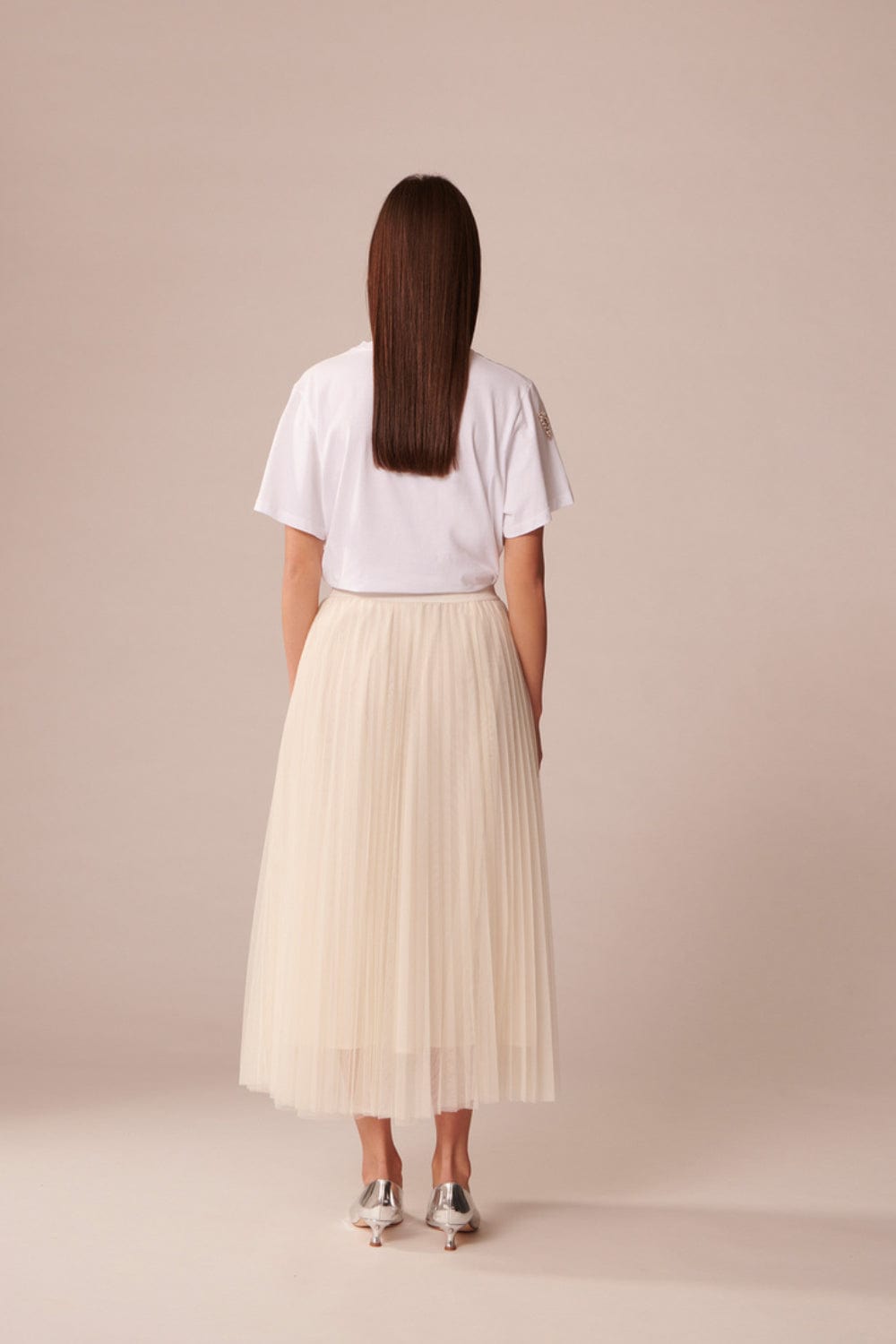 Tara Jarmon Paris- Saia Midi Tule Plissada Juillet Off White