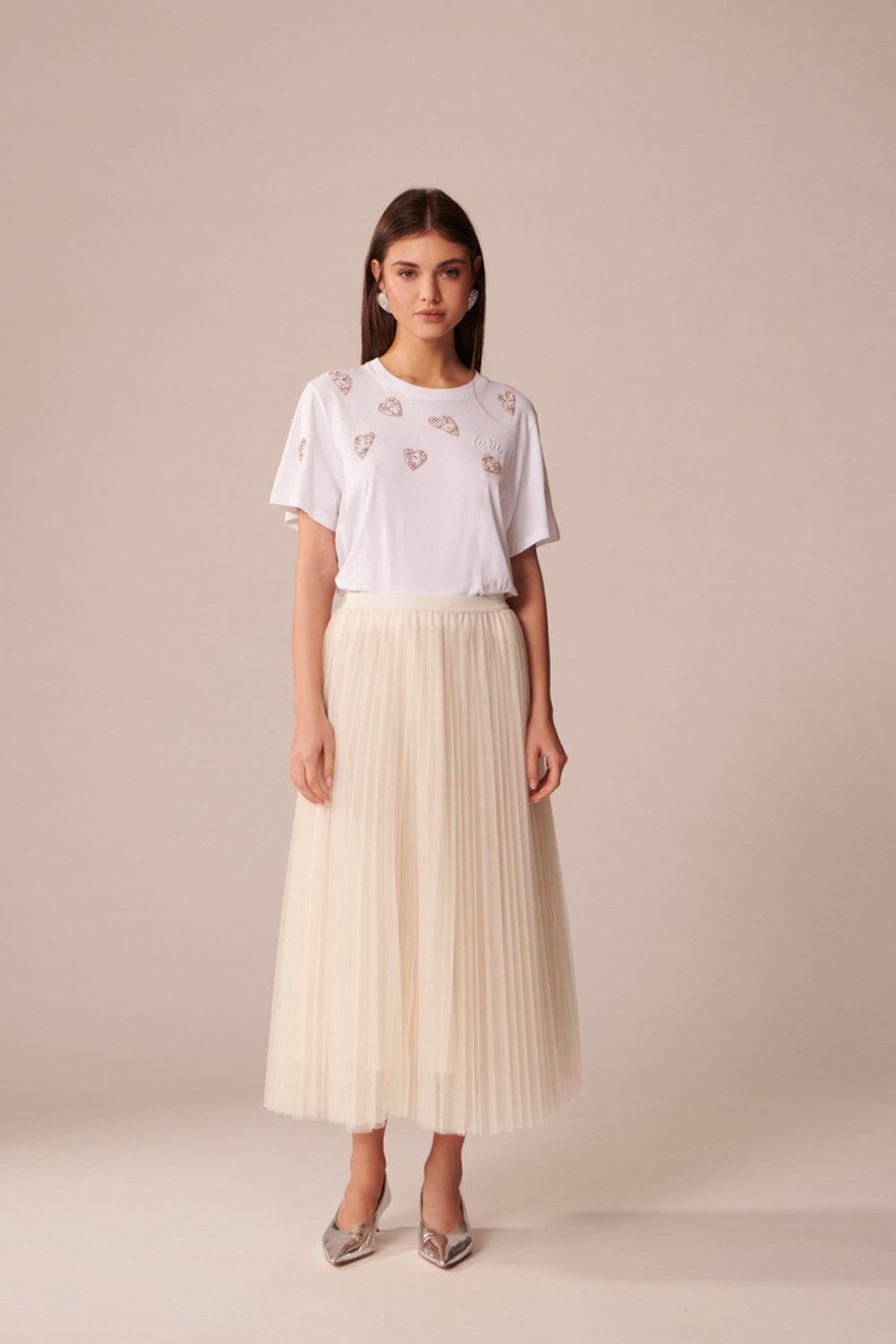 Tara Jarmon Paris- Saia Midi Tule Plissada Juillet Off White